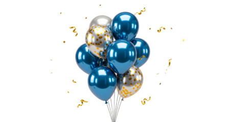 Blue and gold confetti balloons bouquet with shiny metallic finish and curling ribbons, perfect for birthday parties