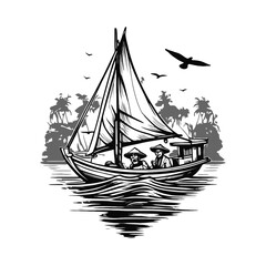 Traditional Asian fishermen on sailboat, vintage vector sketch illustration.