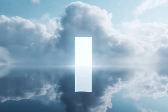 Abstract luminous rectangle reflecting in serene waters under a cloudy sky, creating a dreamlike ethereal landscape.