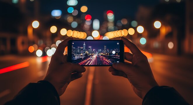 Person holding a smartphone taking a picture of a city skyline at night with blurred lights in background