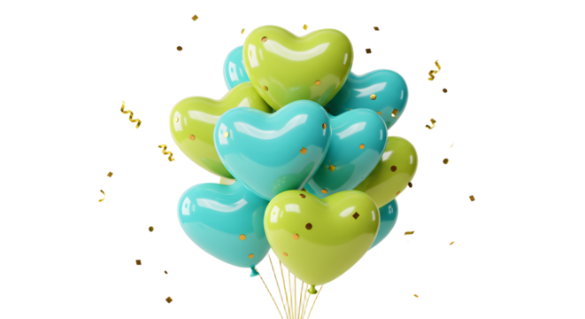 Blue and green heart-shaped balloons with golden confetti isolated on white background, perfect for romantic celebrations and parties