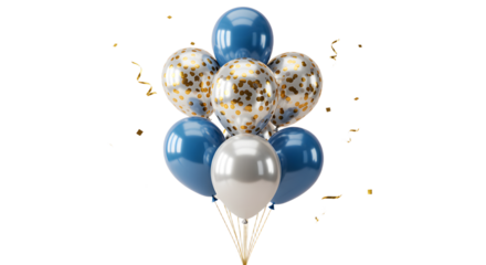 Blue, silver, and confetti balloons bouquet with golden curly ribbons on white background, perfect for birthday parties and celebrations