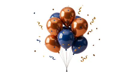 Bouquet of metallic orange and blue balloons with gold confetti on black background, perfect for festive celebrations and party decorations