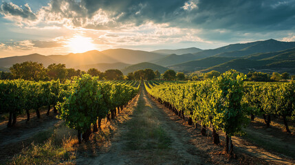 Scenic Vineyard at Golden Hour with Rows of Grapevines Leading to Mountains Under Dramatic Sky, Idyllic Countryside Landscape, Authentic Agriculture and Wine Region Beauty, Generative AI.
