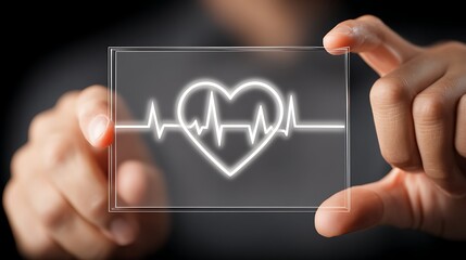 Fototapeta premium Hands Holding a Transparent Display Showing a Heartbeat Graphic