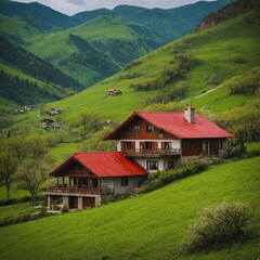 A colorful home with a red roof in a green valley during spring