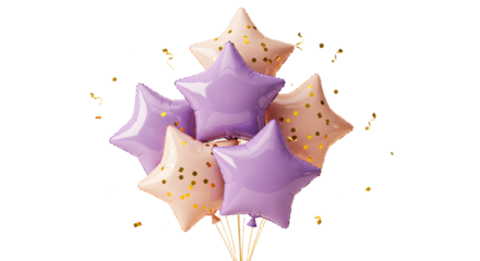 Cluster of purple and peach star-shaped balloons with gold confetti, festive decoration perfect for celebrations and parties