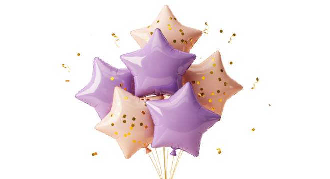 Cluster of purple and peach star-shaped balloons with gold confetti, festive decoration perfect for celebrations and parties - Powered by Adobe