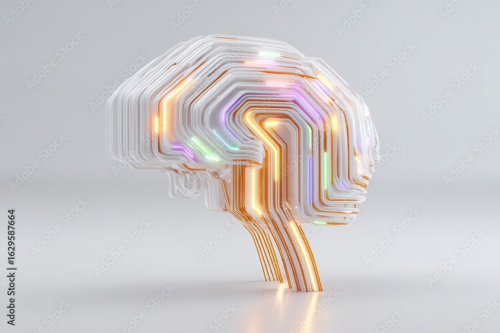 Poster a colorful abstract illustration of a human brain showcases intricate digital patterns and circuits,