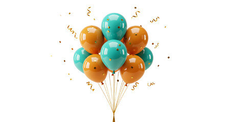 Cluster of teal and orange balloons with golden confetti and music notes, festive decoration perfect for birthday parties or celebrations