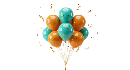 Cluster of teal and orange balloons with golden confetti and music notes, festive decoration perfect for birthday parties or celebrations
