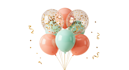 Colorful balloon bouquet with peach, teal, and confetti-filled balloons isolated on white background, perfect for birthday parties and celebrations