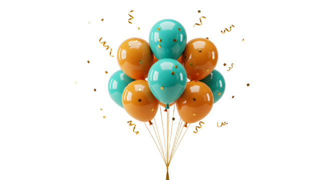 Cluster of teal and orange balloons with golden confetti and music notes, festive decoration perfect for birthday parties or celebrations