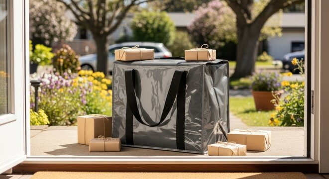 Packages delivered to the front door of a house, showcasing the convenience of online shopping and delivery services with boxes and a bag on the porch