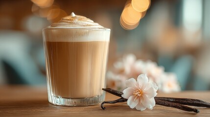 Creamy vanilla latte in glass with whipped topping and flowers on wooden table.