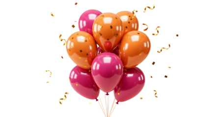 Colorful pink and orange balloons with confetti floating decoration for celebrations and parties, perfect for birthday parties