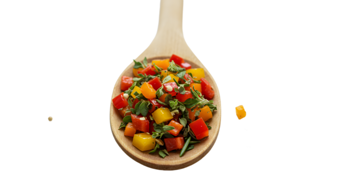 Colorful diced bell peppers and herbs on a wooden spoon isolated on black background, perfect for healthy cooking and recipe illustrations