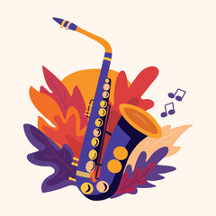 An illustration of a saxophone surrounded by a pile of colorful autumn leaves in red,  blue, yellow, orande. For banners, invitations, and postcards