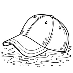 Hand drawn sketch of a baseball cap resting on a puddle of water with small droplets
