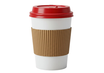 Isolated White Disposable Coffee Cup with Red Lid and Kraft Sleeve