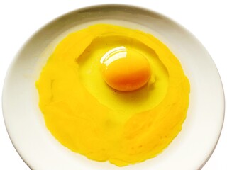 Fresh raw egg yolk in ceramic plate isolated on white background. Raw egg yolk. Cracked egg in a white bowl, ideal for culinary and kitchen themes. Top view.
