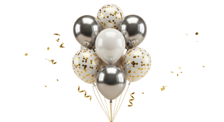 Elegant silver, white, and gold confetti balloons with curling ribbons on a black background, perfect for celebrations and festive events
