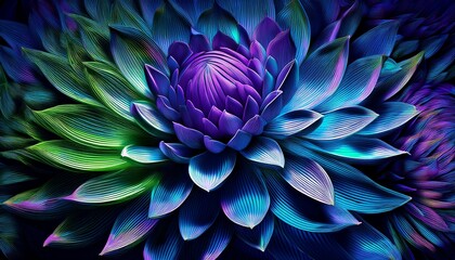 a dynamic abstract floral design with sharp edged stylized flowers in bold colors of deep blue violet and neon green set against a dark background