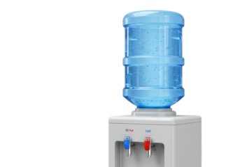 Isolated White Water Cooler with Large Blue Bottle and Hot/Cold Taps