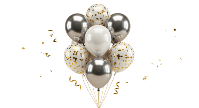 Elegant silver, white, and gold confetti balloons with curling ribbons on a black background, perfect for celebrations and festive events