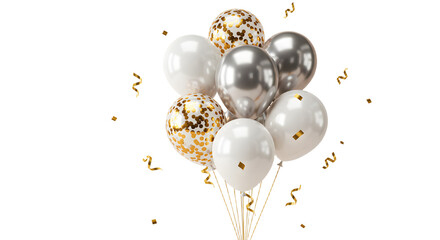 Gold and white balloons bouquet with confetti and silver balloons for festive celebrations and party decoration