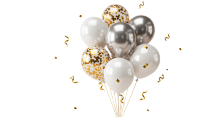Gold and white balloons bouquet with confetti and silver balloons for festive celebrations and party decoration