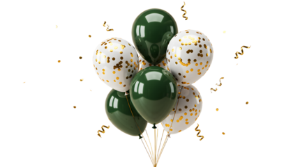 Green and white balloons with gold confetti floating on strings, festive decoration for celebrations and parties