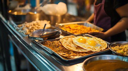 Hot street food roti canai served with dhal curry and fried egg on metal tray at outdoor food court setting