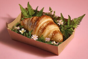 single croissant kraft box with greenery pink visual charm  
