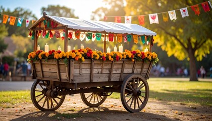 Fototapeta premium A rustic wooden cart decorated with colorful banners and sunflowers at a sunny outdoor festival.