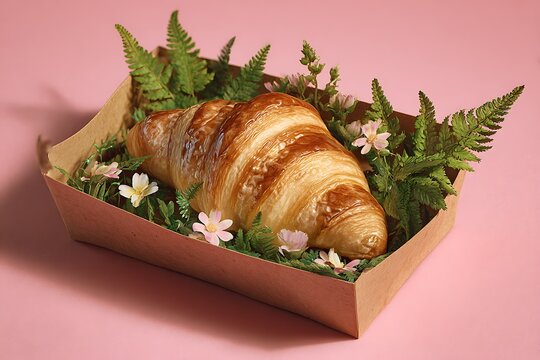 single croissant kraft box with greenery pink visual charm  
