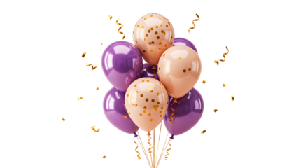 Purple and peach balloons with gold confetti and curly ribbons, festive decoration for celebrations and parties