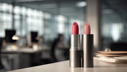 Two lipsticks, pink and rose, on a light table in a modern office