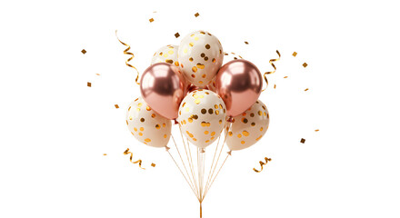 Rose gold and white balloons with golden confetti and ribbons, festive party decoration, perfect for celebrations and special events