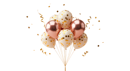Rose gold and white balloons with golden confetti and ribbons, festive party decoration, perfect for celebrations and special events