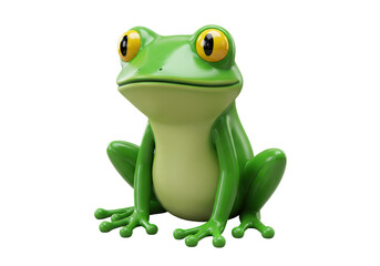 Isolated Adorable Glossy Green Cartoon Frog with Large Yellow Eyes, a Cheerful Amphibian Character