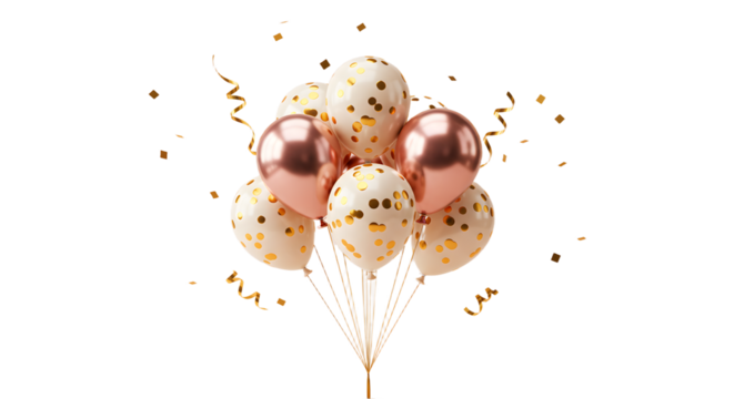 Rose gold and white balloons with golden confetti and ribbons, festive party decoration, perfect for celebrations and special events