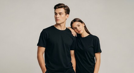 Obraz premium Couple in Black T-Shirts: Minimalist Fashion Portrait