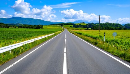 Fototapeta premium Scenic rural road stretching through vibrant green fields towards distant mountains