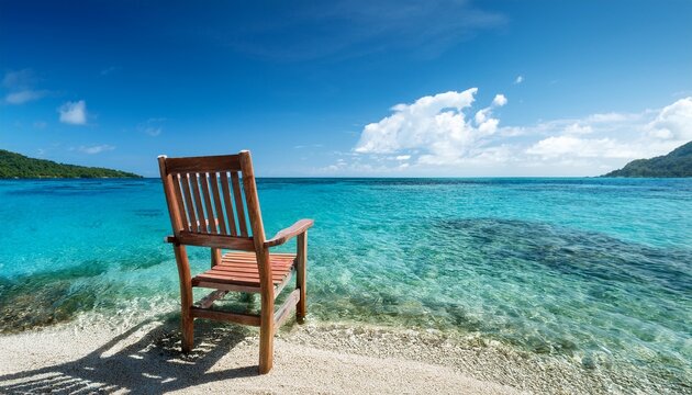 a rustic wooden chair sits idyllically on the edge of a clear blue ocean inviting relaxation and contemplation amidst the beauty of nature s captivating scenery