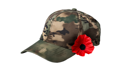 Camouflage cap with red flower detail for outdoor events