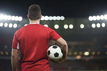 A lone soccer player in a red jersey stands on a brightly lit stadium field holding a ball anticipating the upcoming match