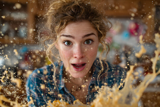 Woman splashed by smoothie spraying out from open blender, home cooking DIY fail, aggravation