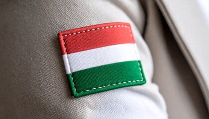 Hungarian flag patch sewn onto beige sleeve.