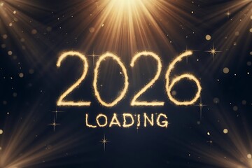 Fiery glowing numbers of 2026 loading with sparkling lights and bright golden sunbeams against a dark starry background